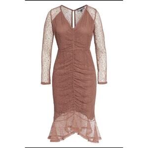 Revolve 4Sienna Rose Rust Lace, Long Sleeve High Low Midi, Ruched Front, Size S